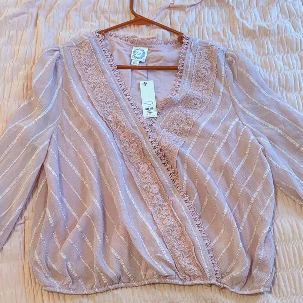 Francesca's Collections Lace Trim Blouse in Soft Pink